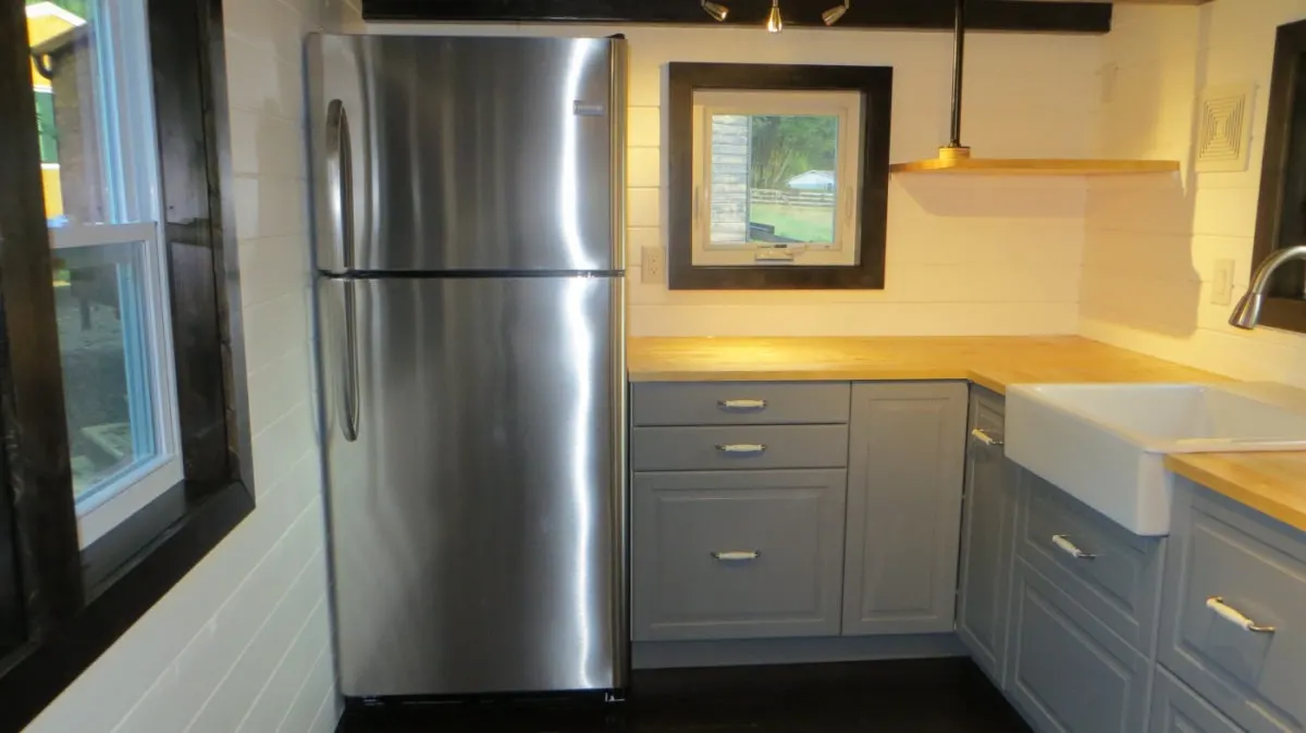 Refrigerator and Cabinets - 36° North by Brevard Tiny House