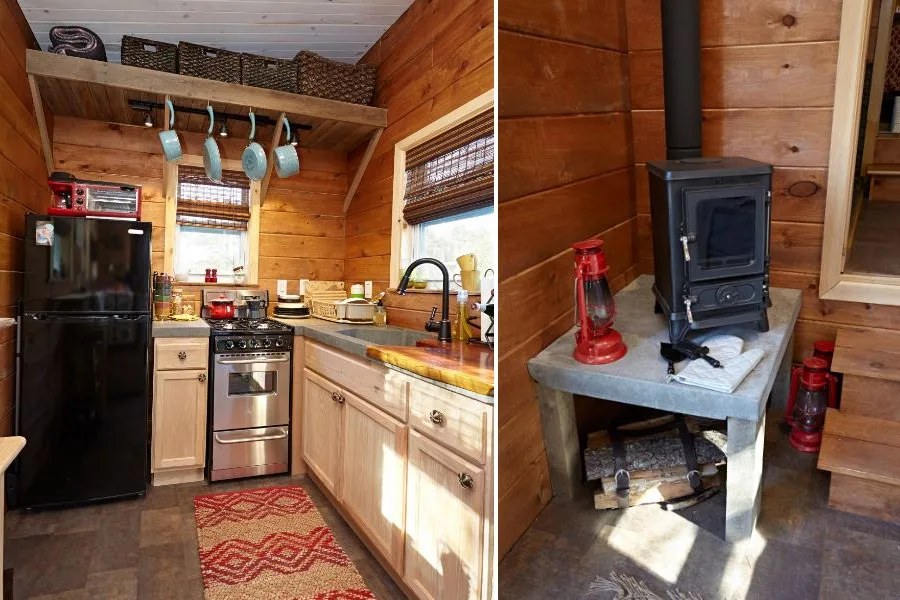 Kitchen and Fireplace - Nomad’s Nest by Wind River Tiny Homes