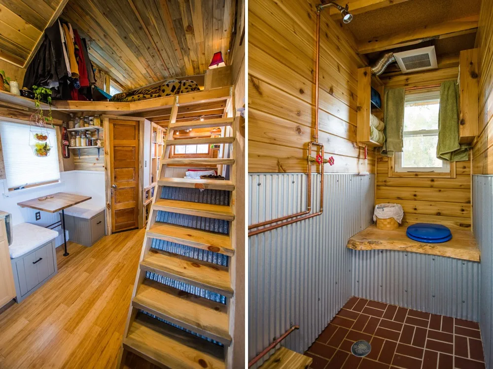 Loft Ladder and Bathroom - Bookworm by MitchCraft Tiny Homes
