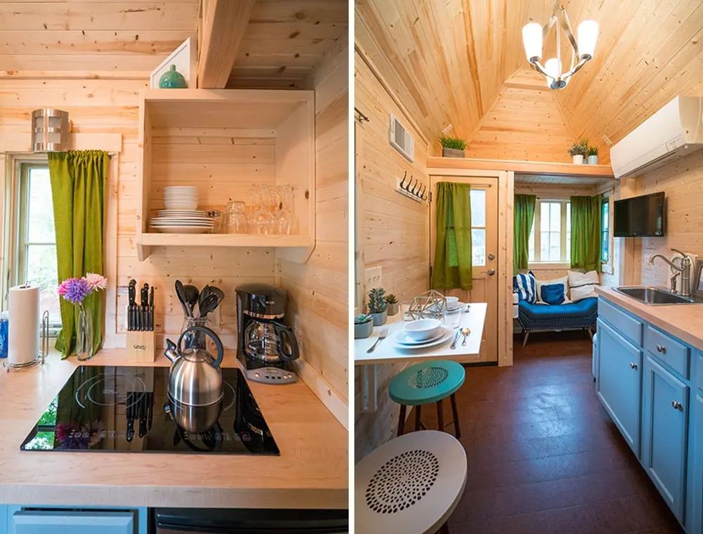 Cooktop and main living area - Zoe at Mt. Hood Tiny House Village
