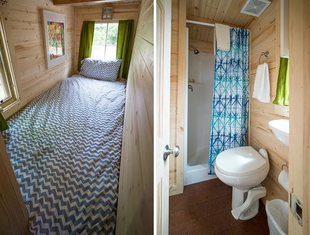 Single bed and bathroom - Zoe at Mt. Hood Tiny House Village