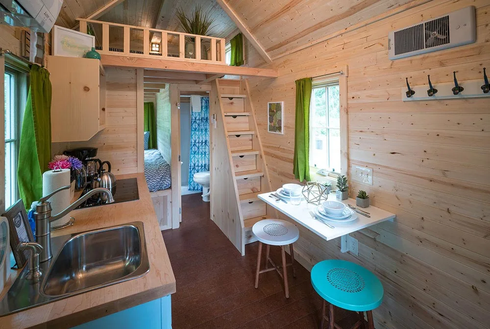 Storage stairs leading up to bedroom loft - Zoe at Mt. Hood Tiny House Village