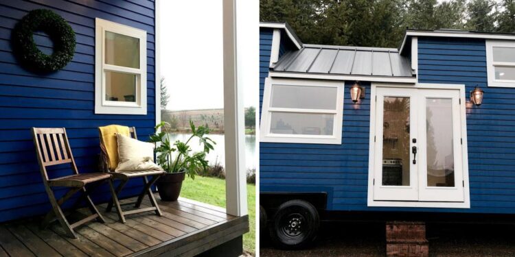 Bold blue exterior with white trim - Vintage Glam by Tiny Heirloom