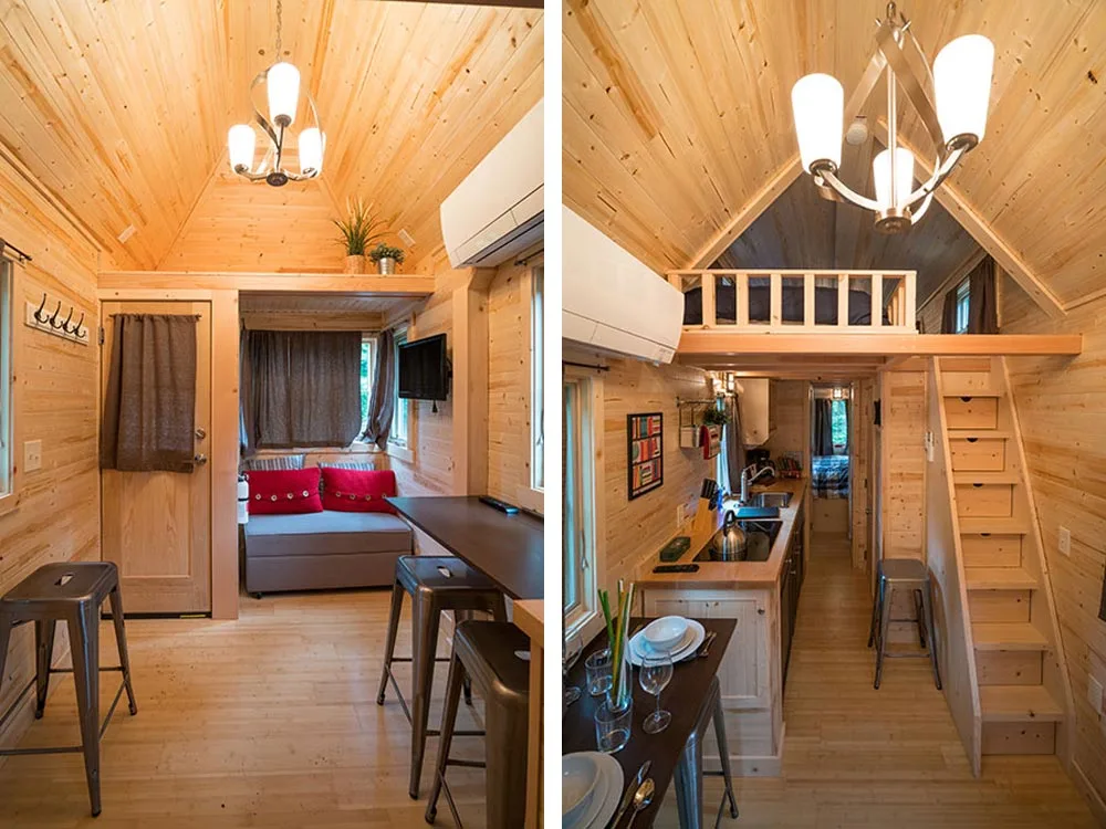 Living room and storage stairs leading to bedroom loft - Lincoln at Mt. Hood Tiny House Village