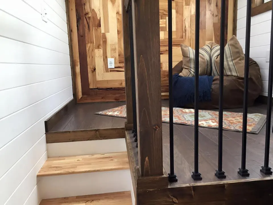 Stair detail leading to living room - Lookout by Tiny House Chattanooga