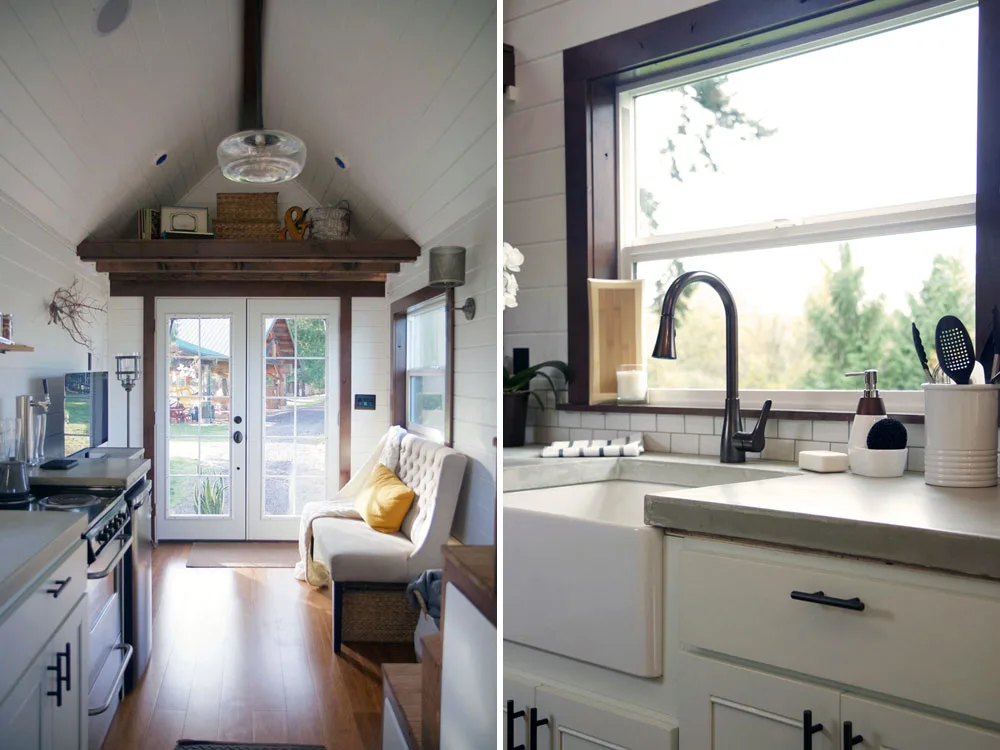 Living room and kitchen with farm sink - Northwest Haven by Tiny Heirloom