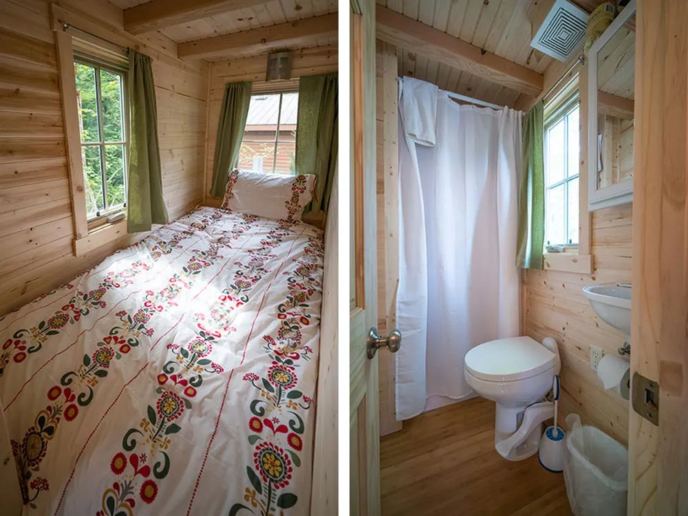 Single bed and bathroom - Lincoln at Mt. Hood Tiny House Village