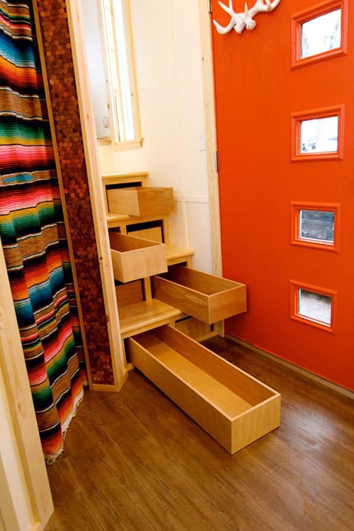 Storage Stairs - Custom Fabricated Siding - Elise & Clara's Tiny House by MitchCraft Tiny Homes