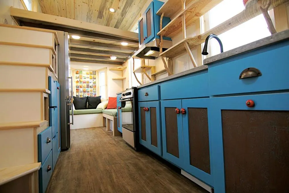 Blue Kitchen Cabinets - Custom Fabricated Siding - Elise & Clara's Tiny House by MitchCraft Tiny Homes