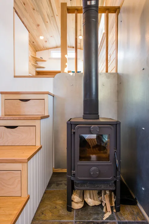 Wood Burning Stove - Tara's 33' Gooseneck Tiny House by Mitchcraft Tiny Homes