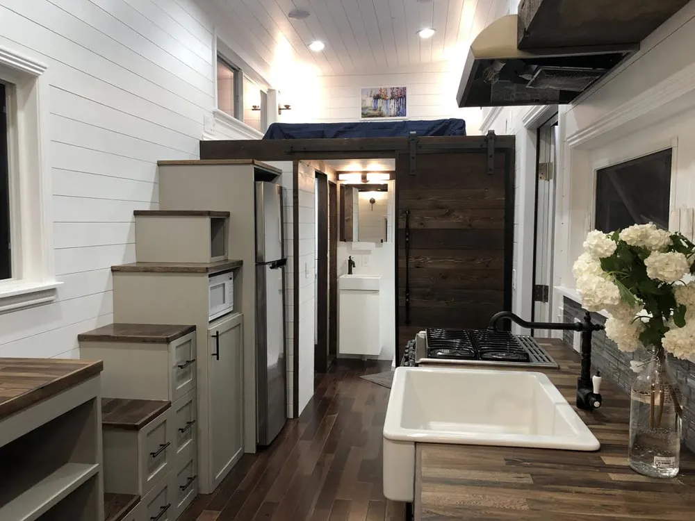 Storage Stairs & Barn Door - White House by Sun Bear Tiny Homes