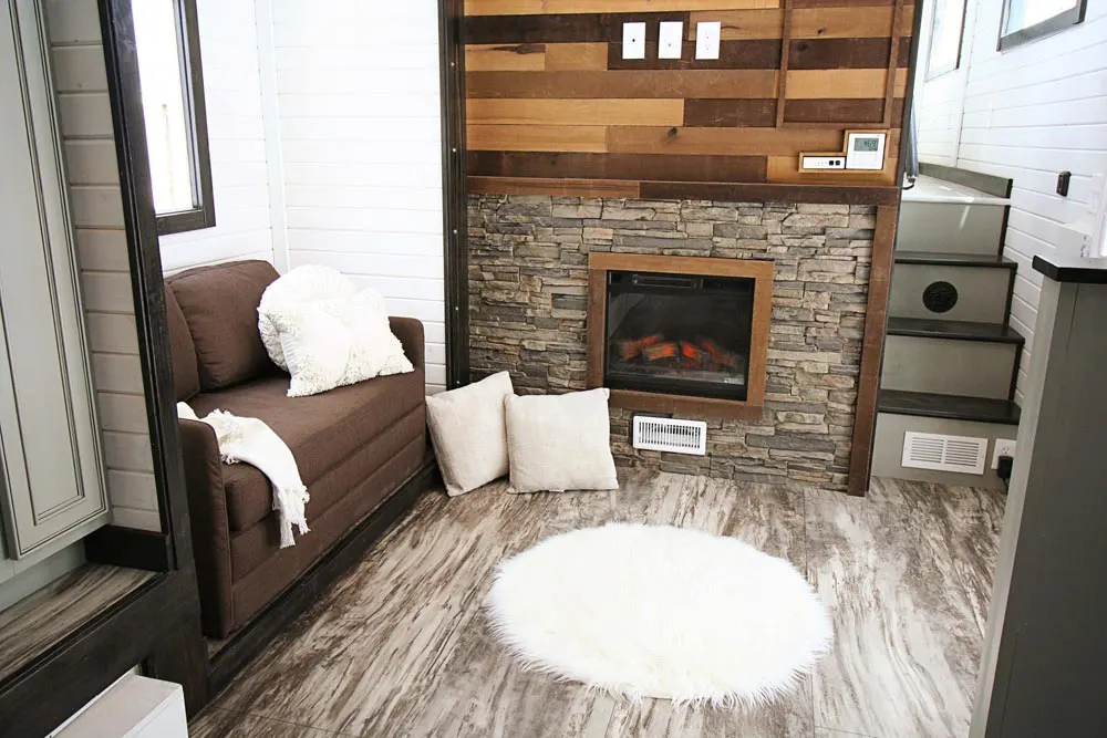 Living Room w/ Fireplace - Family-Friendly Carpathian by Tiny Idahomes