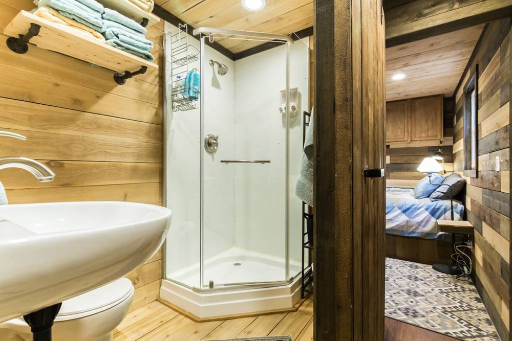 Corner Shower - Blue Steel Tiny Container Home