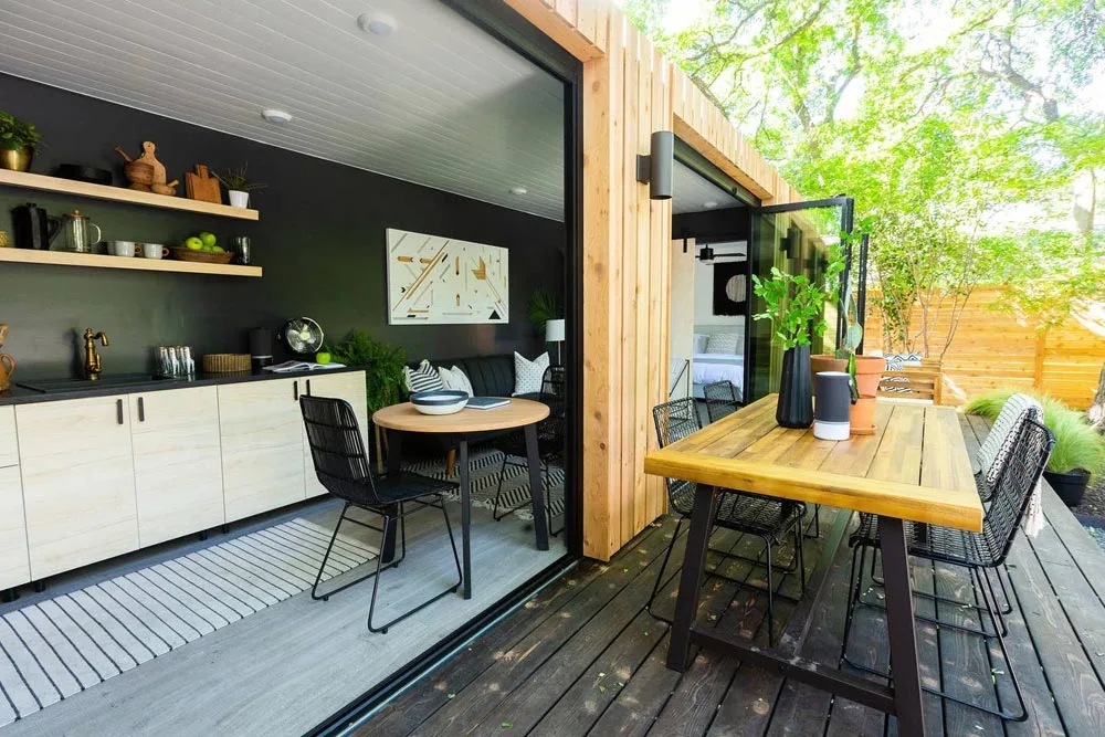 Indoor/Outdoor Dining Areas - Woodsy Shipping Container Tiny Home