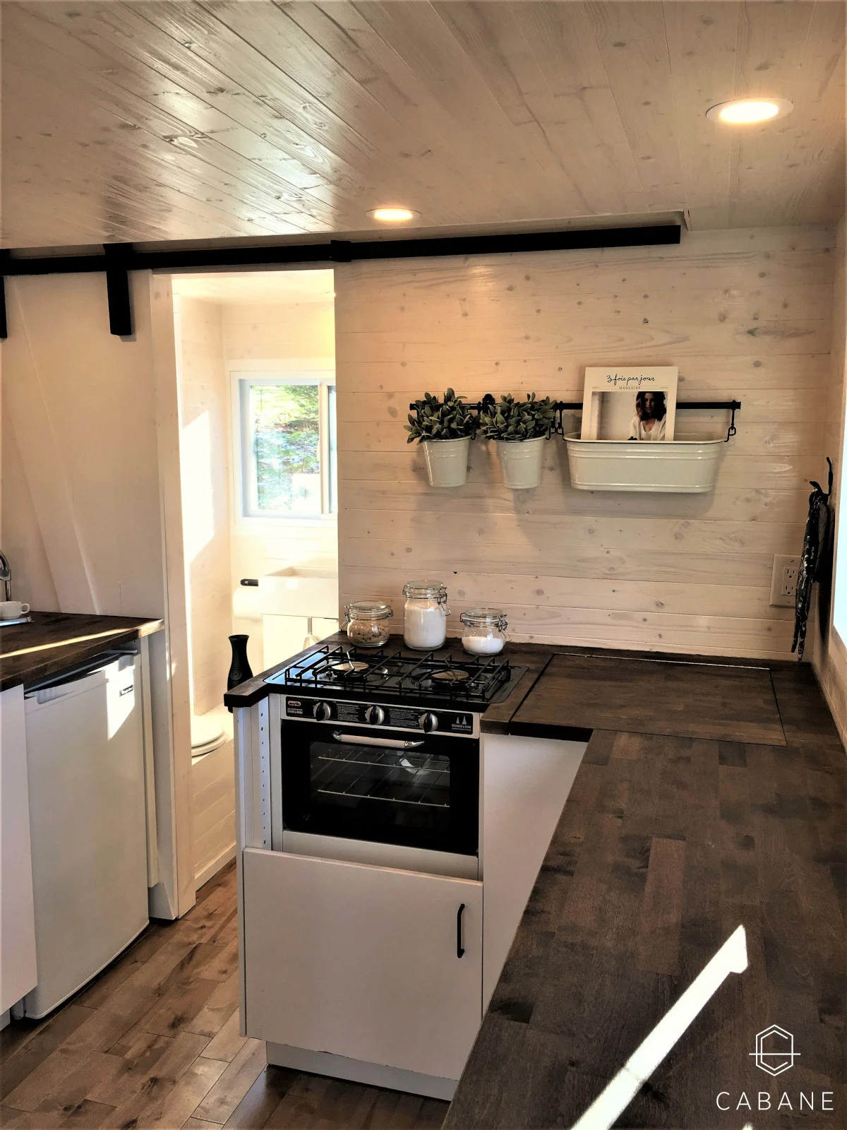 White Cabinets w/ Dark Counters - Cabane Tiny Cabin