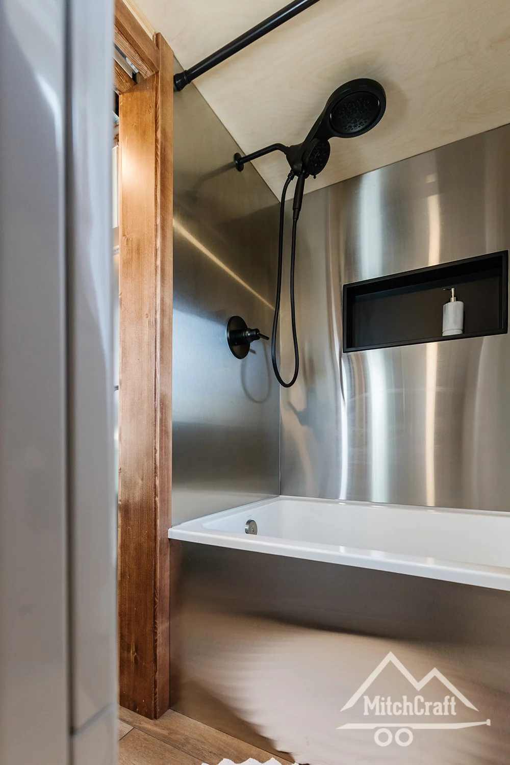 Stainless Steel Shower - Nicole's 16x8' Tiny House by MitchCraft Tiny Homes