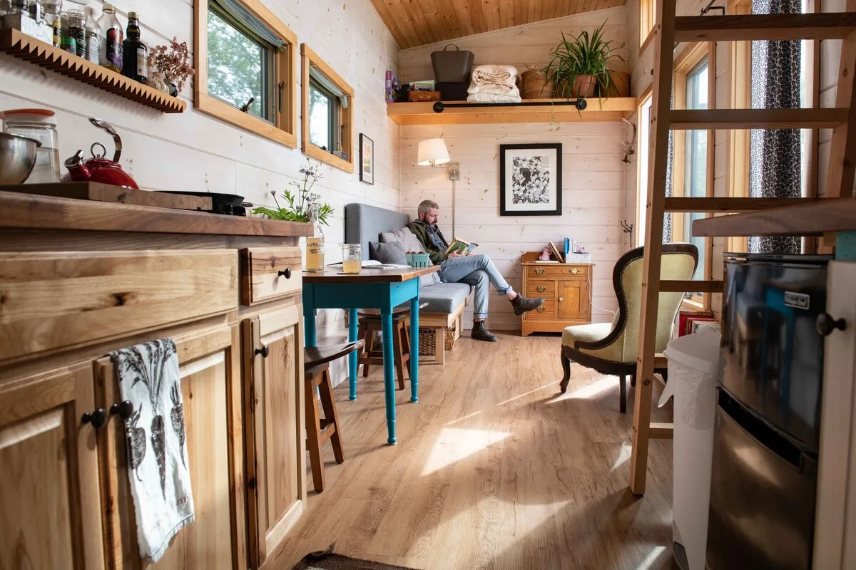 Crow's Nest Tiny House at Old Crow Ranch - Kitchen & Living Room