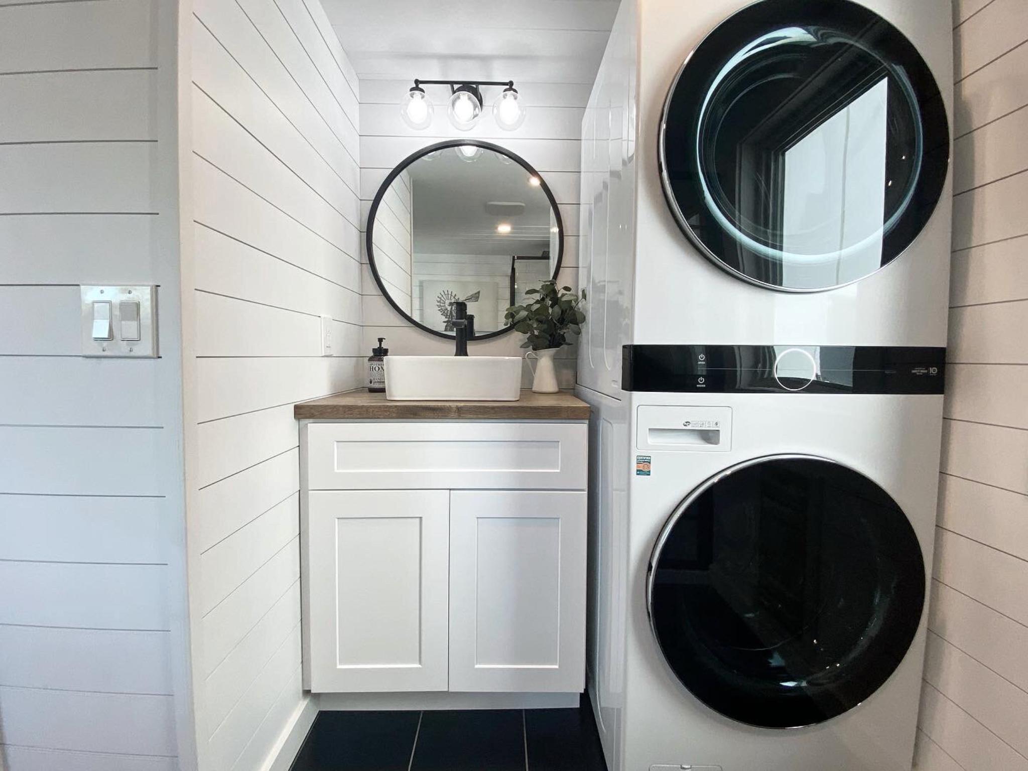 Stackable Washer/Dryer in Bathroom - Jen's Château by Uncharted Tiny Homes