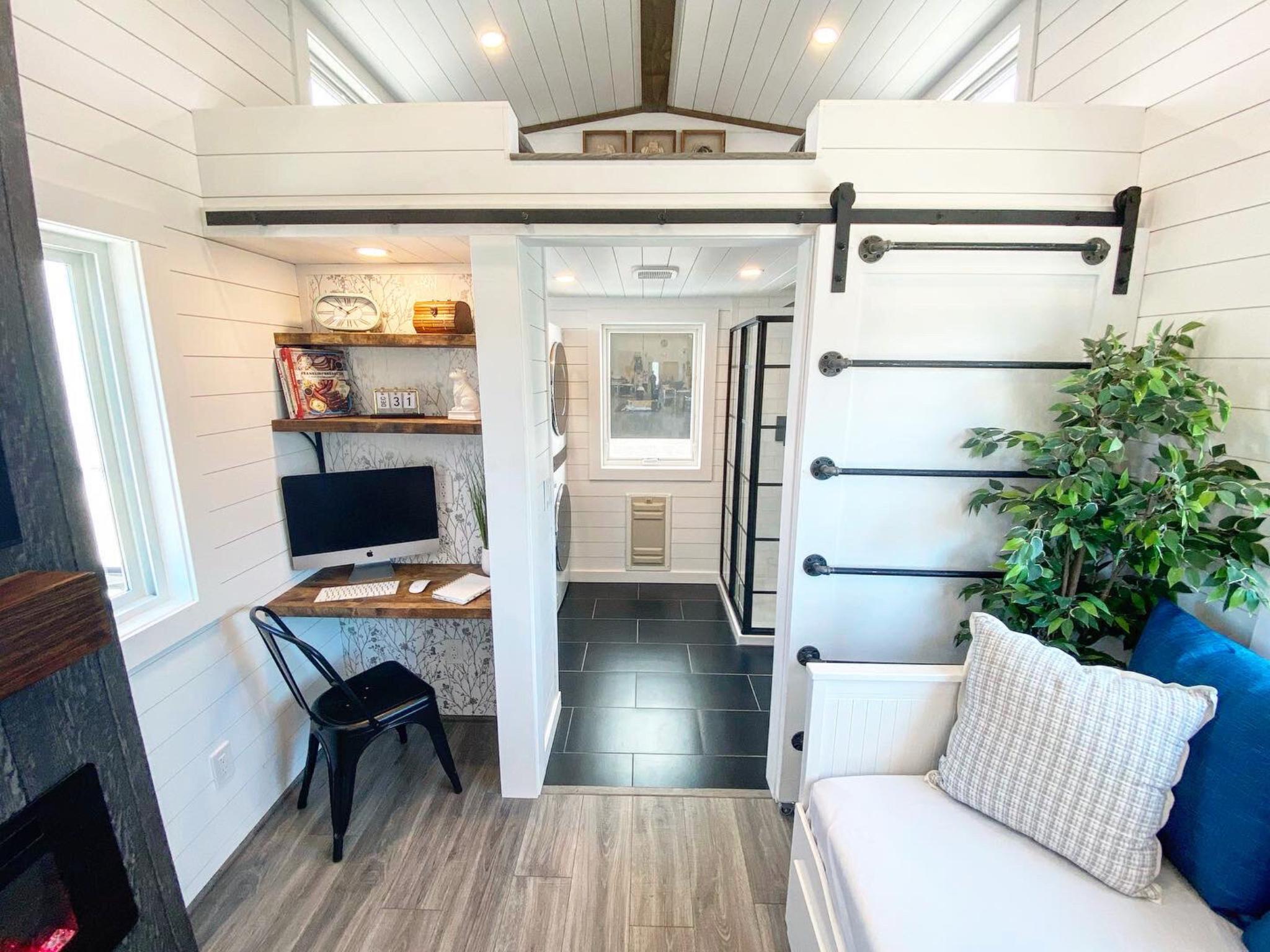 Living Room with Workspace - Jen's Château by Uncharted Tiny Homes