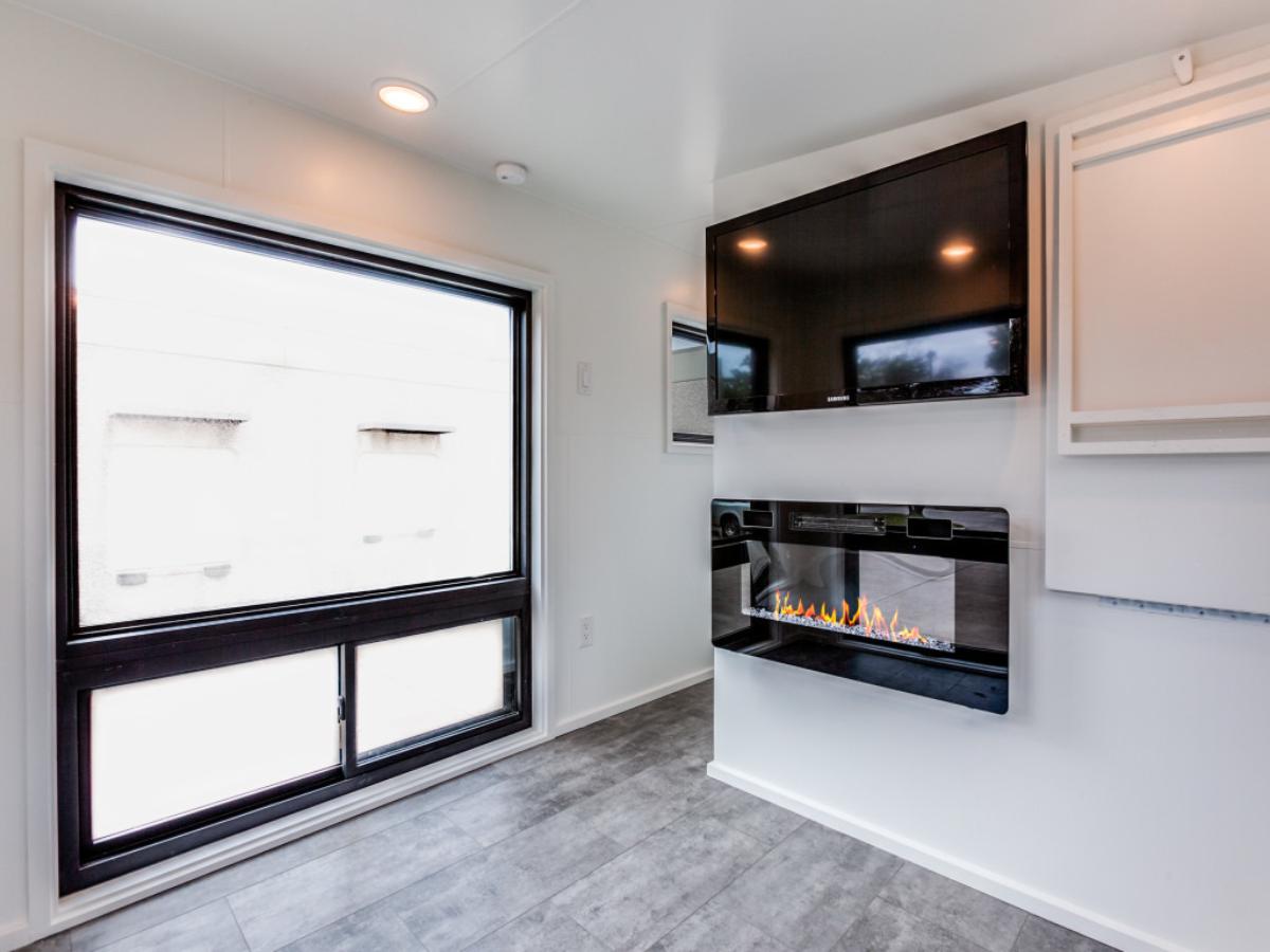 Entertainment Center and Fireplace - Pioneer by Indigo River Tiny Homes