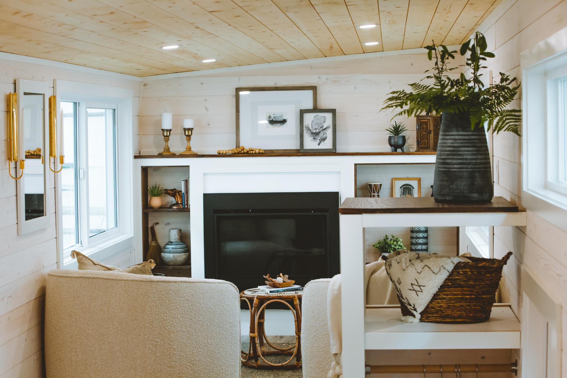 Living Room with Fireplace - Pacific Retreat by Sunshine Tiny Homes