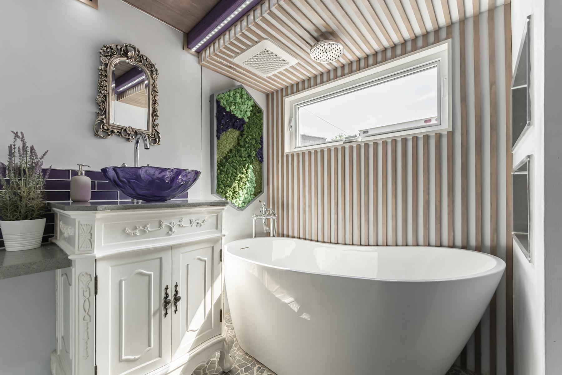 Soaking Tub - Purple Heart Manor by Acorn Tiny Homes