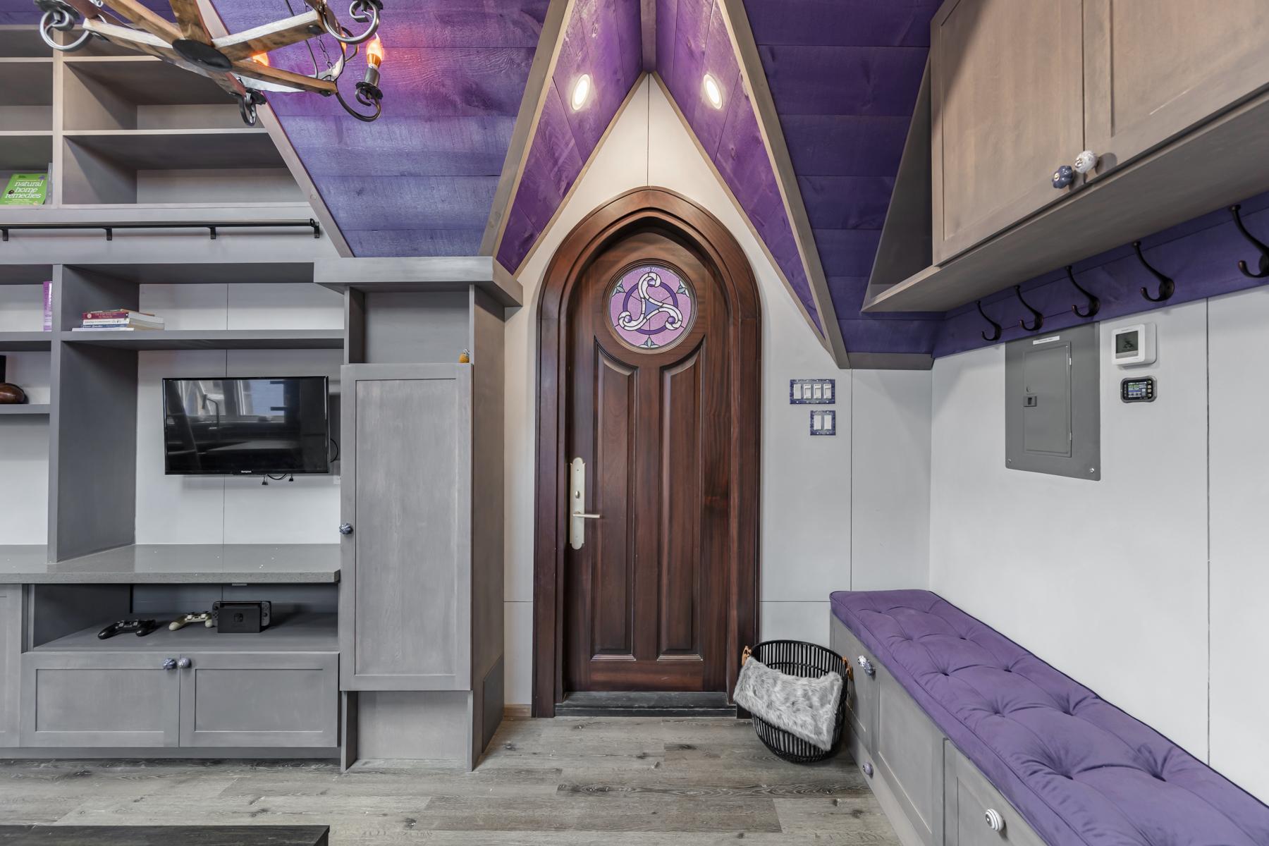 Front Door with Stained Glass Inset - Purple Heart Manor by Acorn Tiny Homes