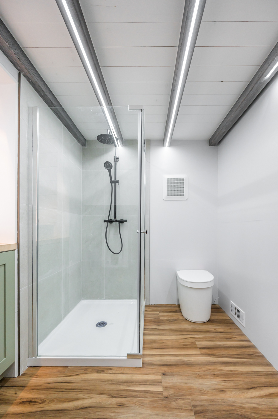 Bathroom with Corner Shower - Pine Needle by Acorn Tiny Homes