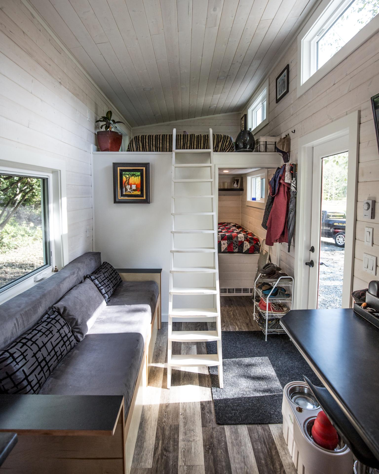 Living Room and Ladder to Loft - Simply Heaven by Sunshine Tiny Homes