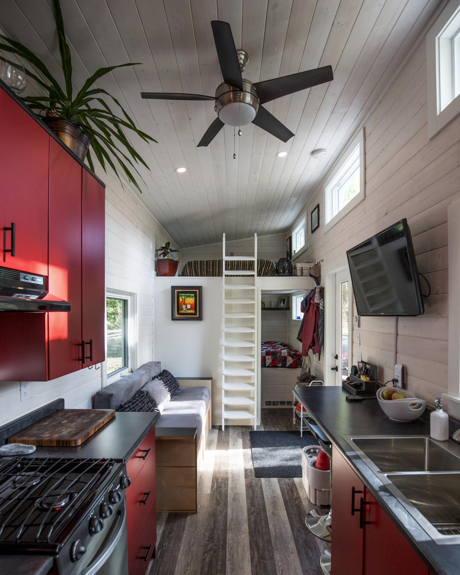 Kitchen and Living Room with Ceiling Fan - Simply Heaven by Sunshine Tiny Homes