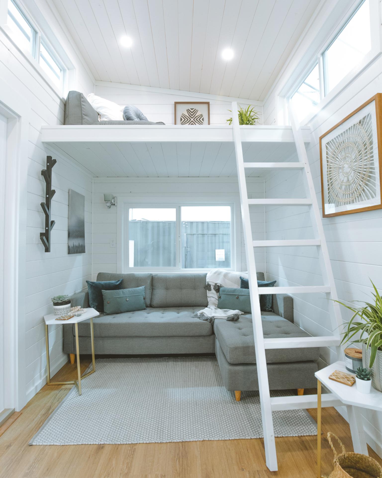 Living Room with Loft Overhead - Simply Heaven Flex by Sunshine Tiny Homes