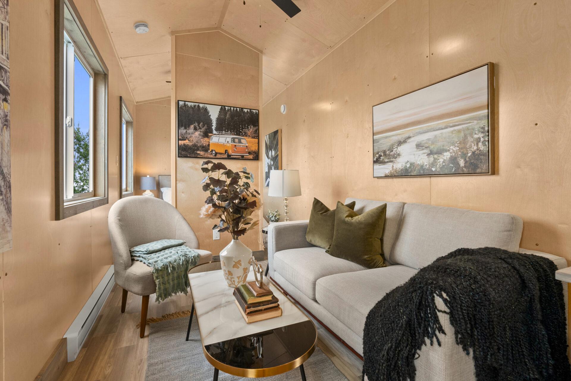 Living Room with Couch, Coffee Table, and Chair - Denman by Rover Tiny Homes