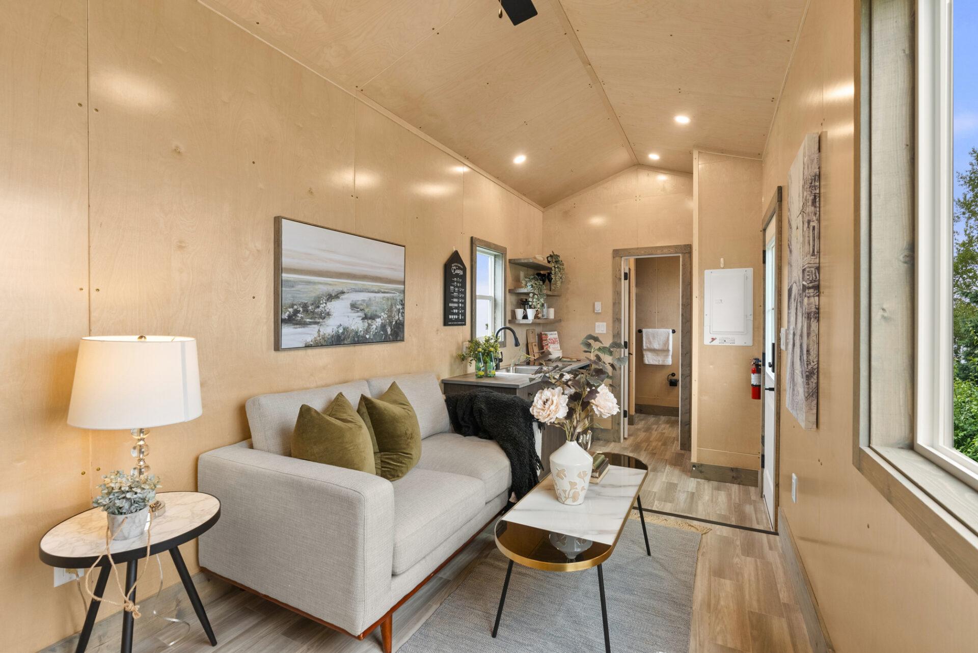 Living Room with Natural Wood Interior - Denman by Rover Tiny Homes