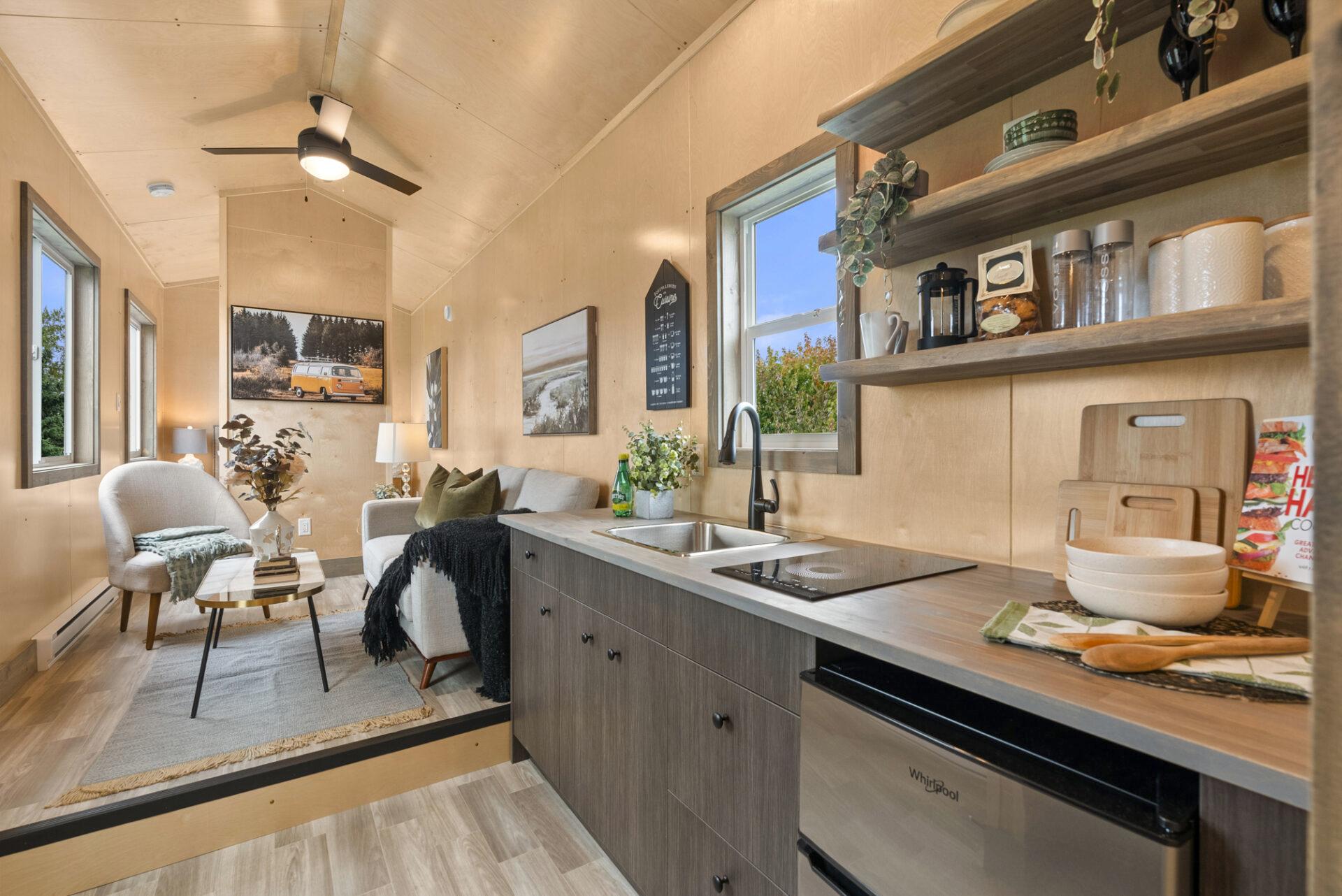 Kitchen with Electric Cooktop and Under Counter Refrigerator - Denman by Rover Tiny Homes