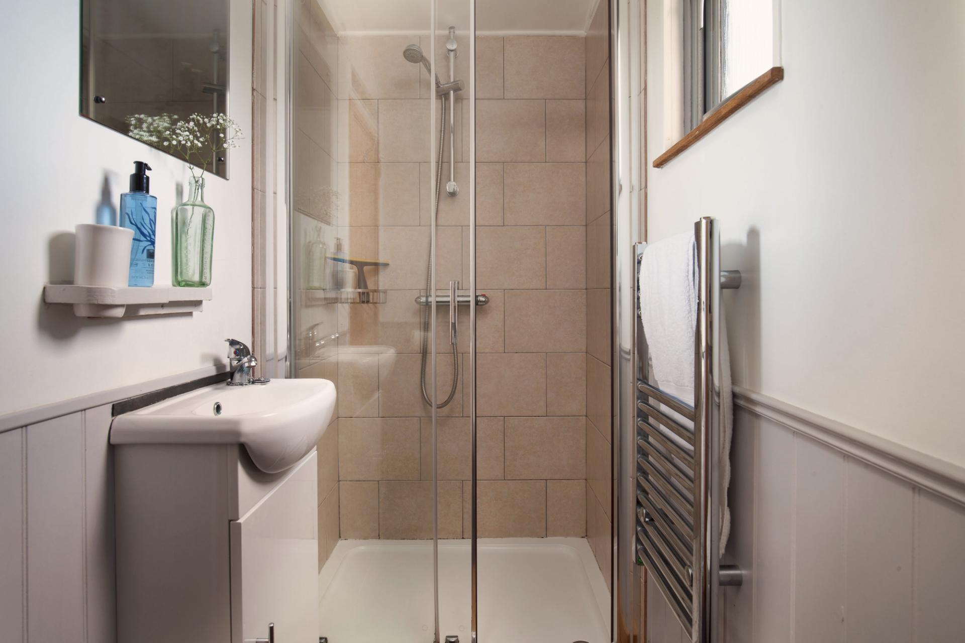 Bathroom with Glass Shower - Shepherds Rest at The Shepherds Hut Retreat