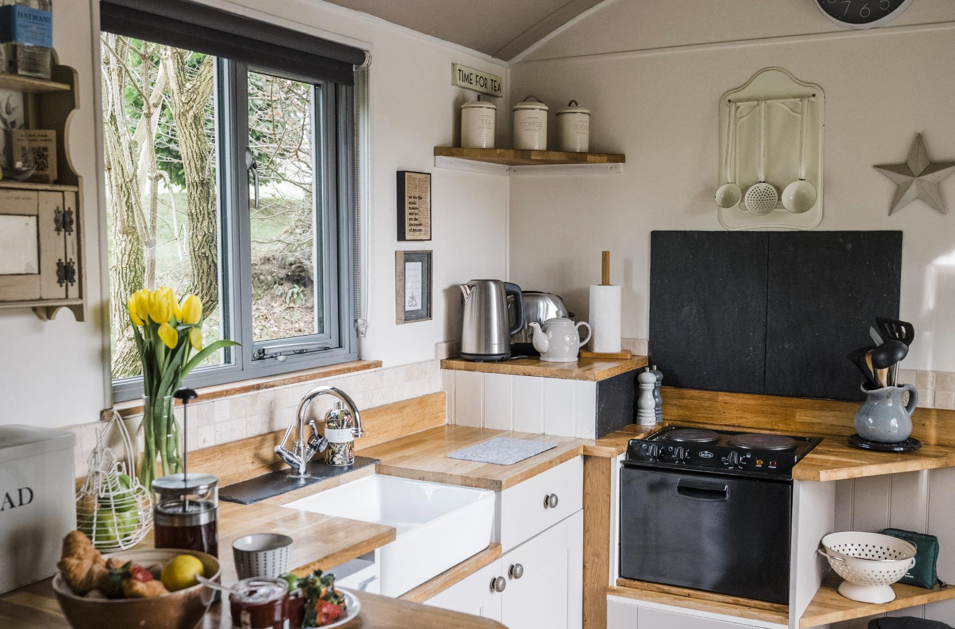 Kitchen with Wood Counters - Shepherds Rest at The Shepherds Hut Retreat