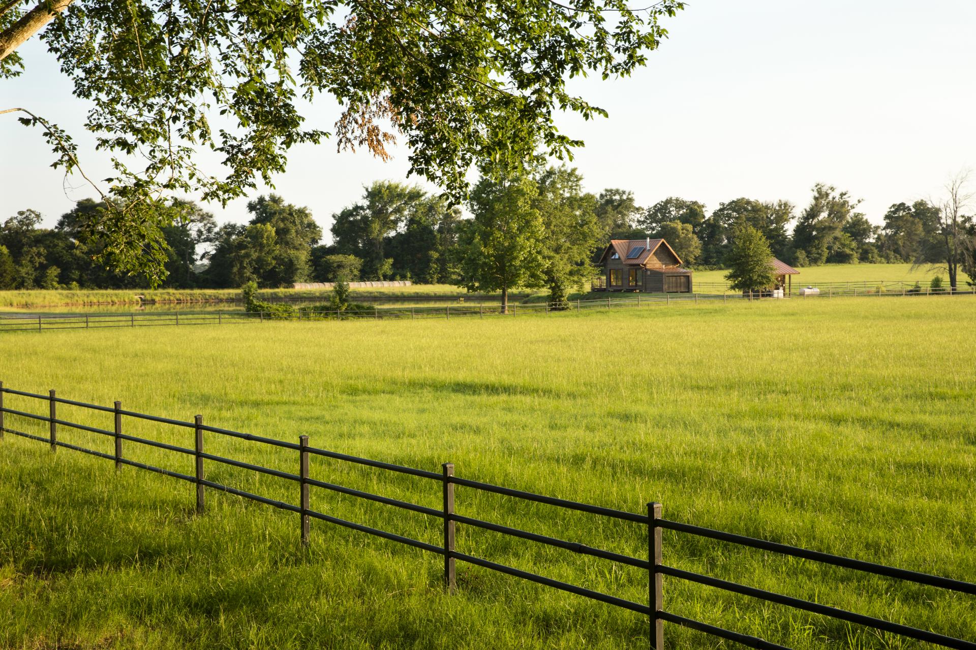 Wood Fence Along Green Hay Field - The Cabin at Bell & Brook Ranch