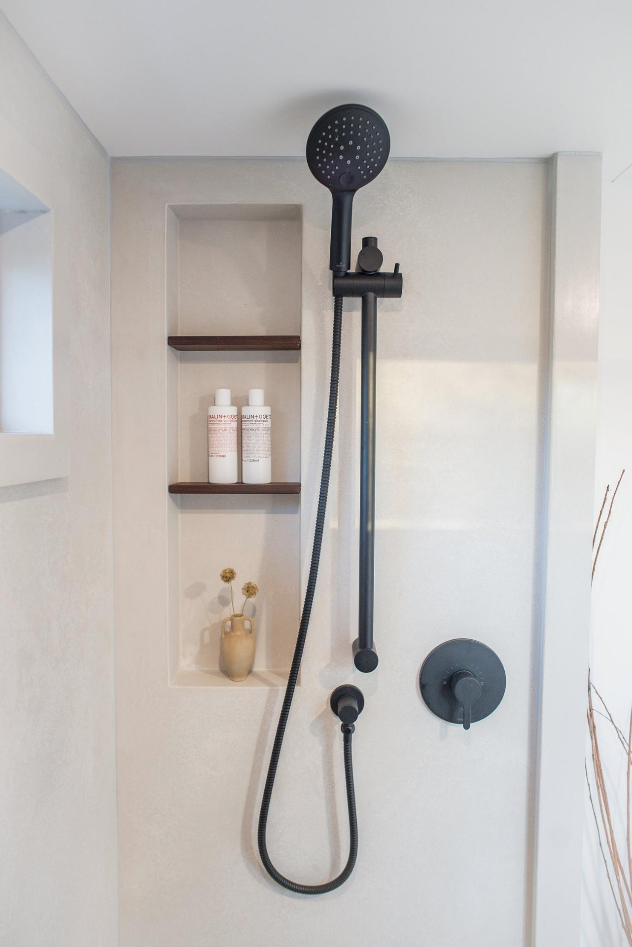 Shower with Shelves - Halcyon Lux by Fritz Tiny Homes