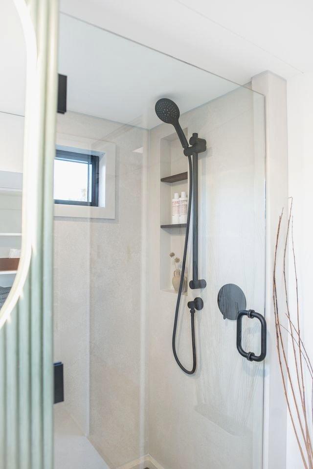 Shower with Glass Door - Halcyon Lux by Fritz Tiny Homes