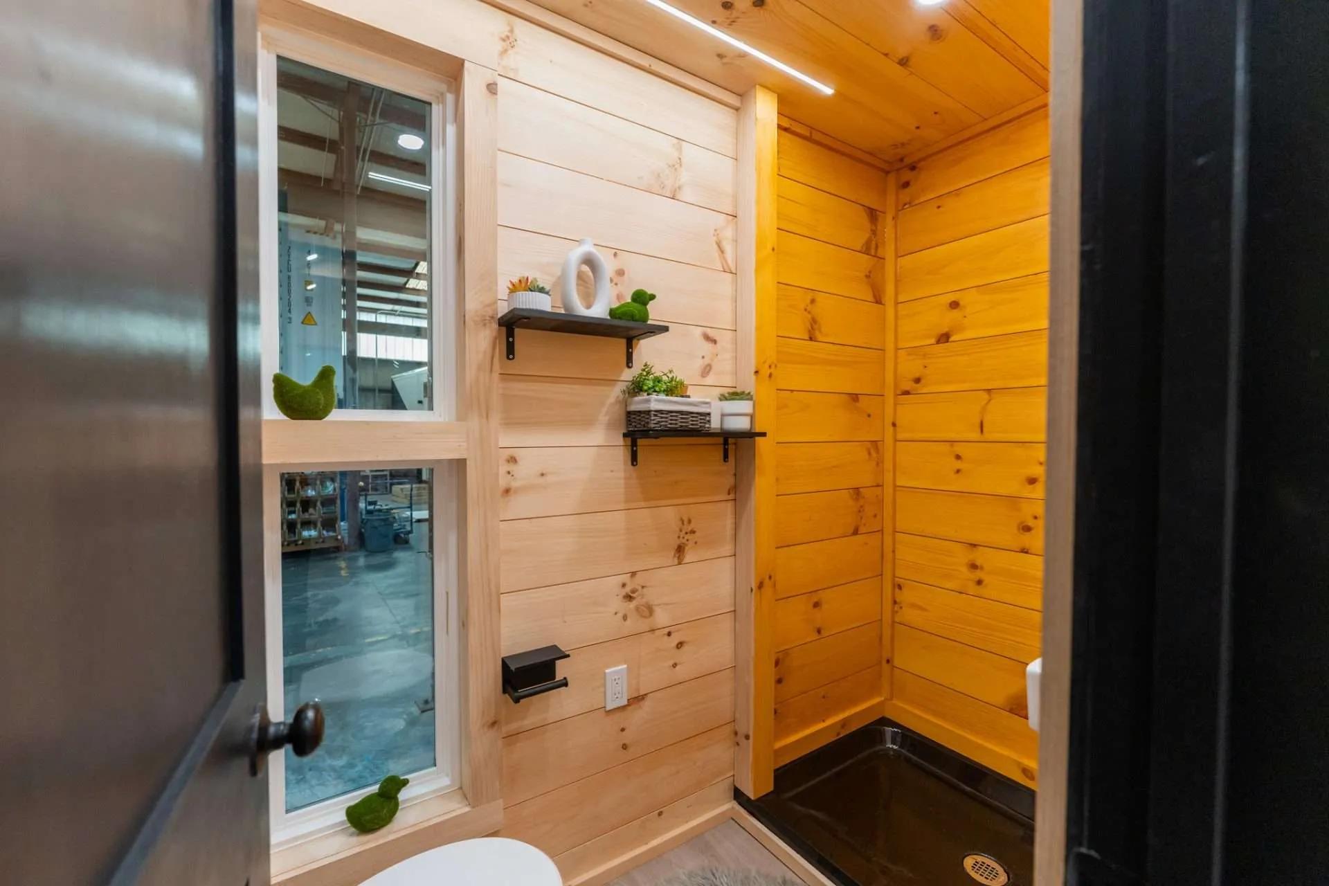 Shower with Wood Panels - Kemi by Dragon Tiny Homes