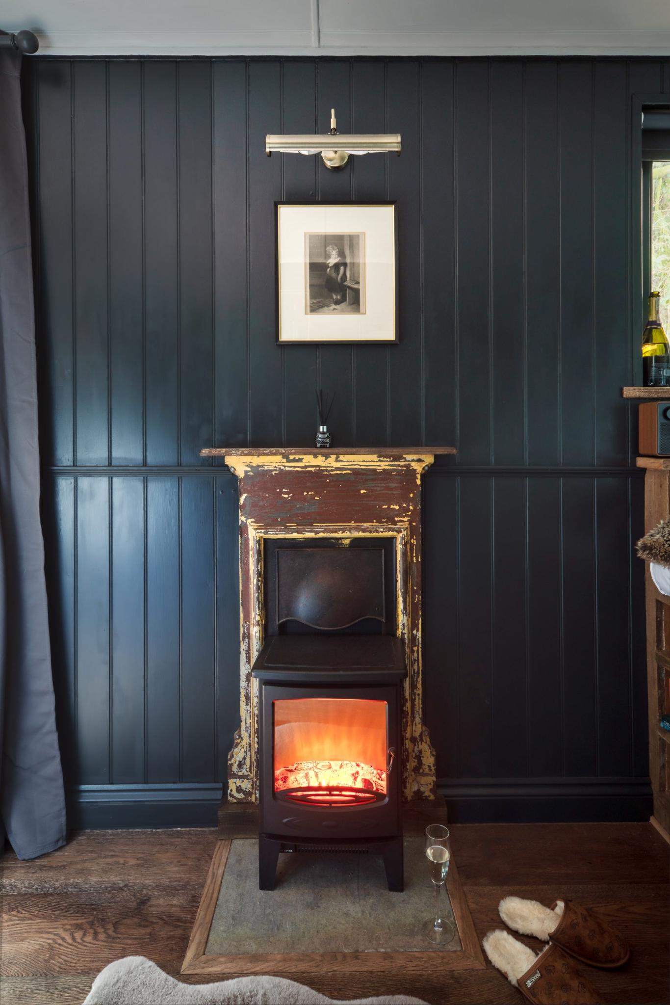 Fireplace - Shepherds Parlour at The Shepherds Hut Retreat