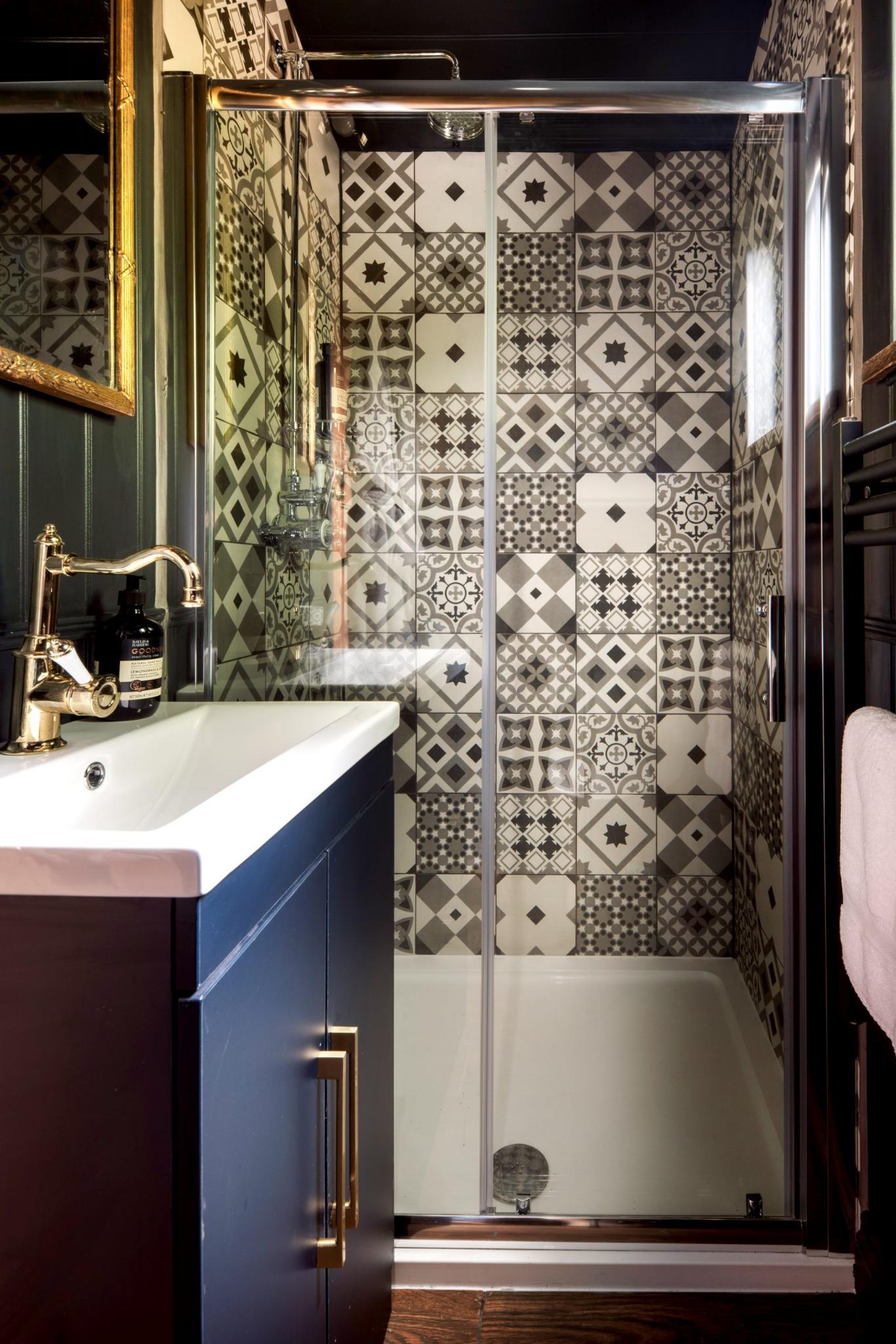 Bathroom with Tile Shower - Shepherds Parlour at The Shepherds Hut Retreat