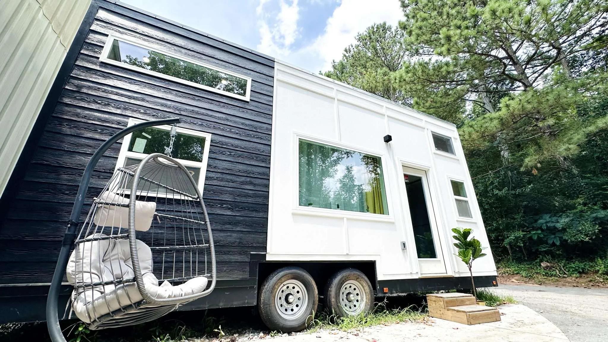 Hanging Pod Chair Next to Tiny House - Avalon by Dragon Tiny Homes