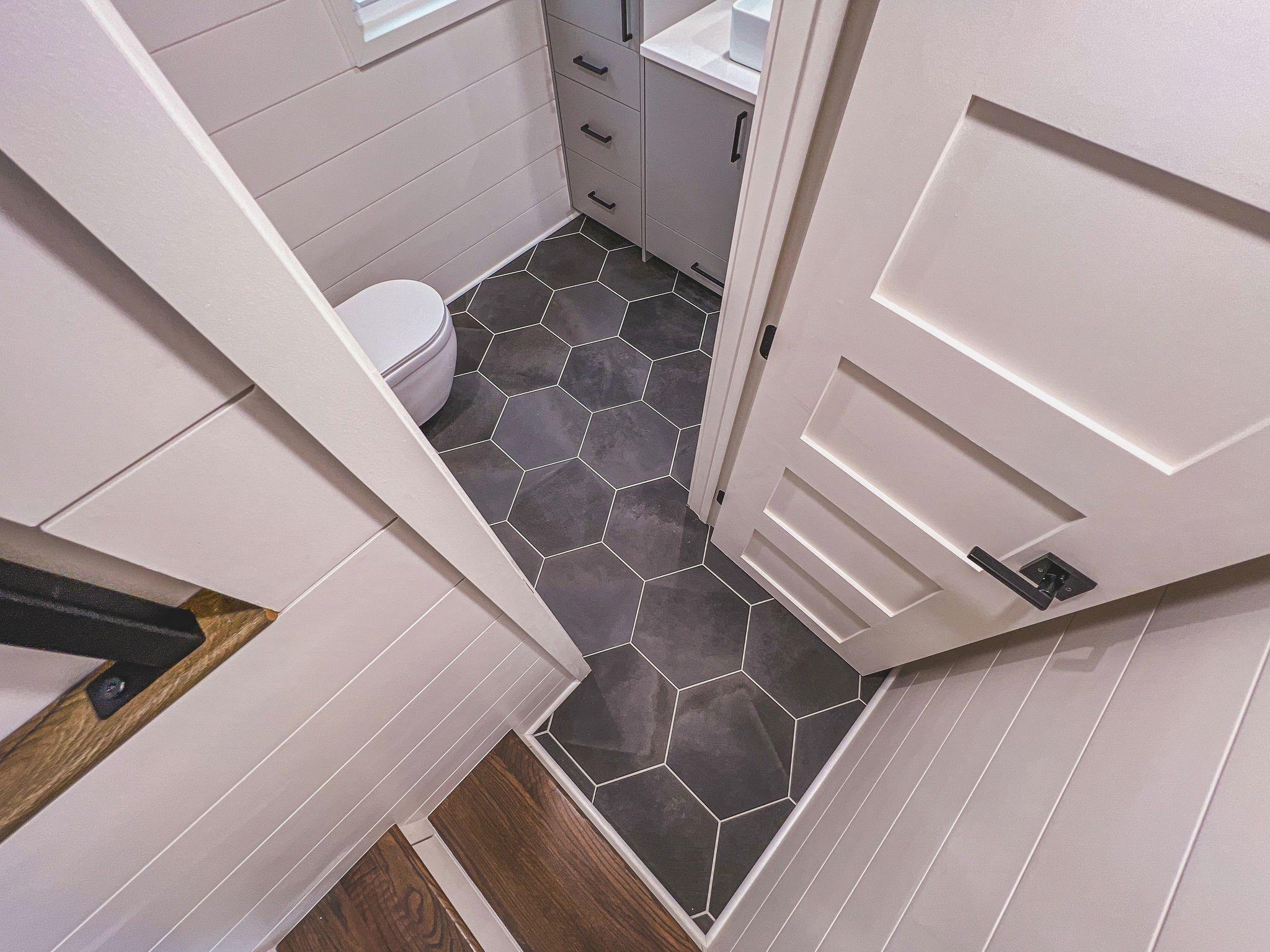 Dark Gray Bathroom Tiles - Jock Tiny House by Movable Roots