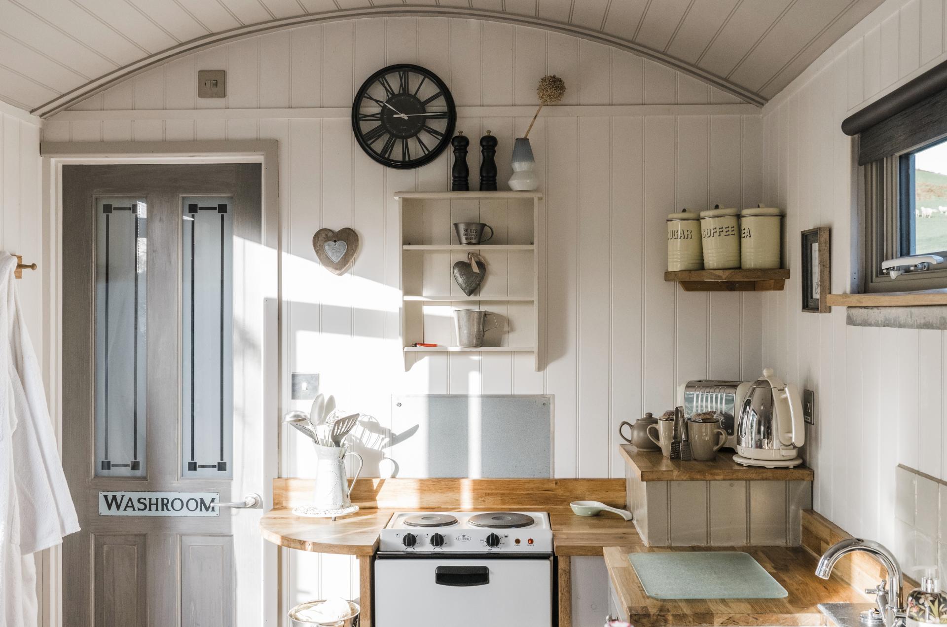 Kitchen and Door to Bathroom - Shepherds Keep at The Shepherds Hut Retreat