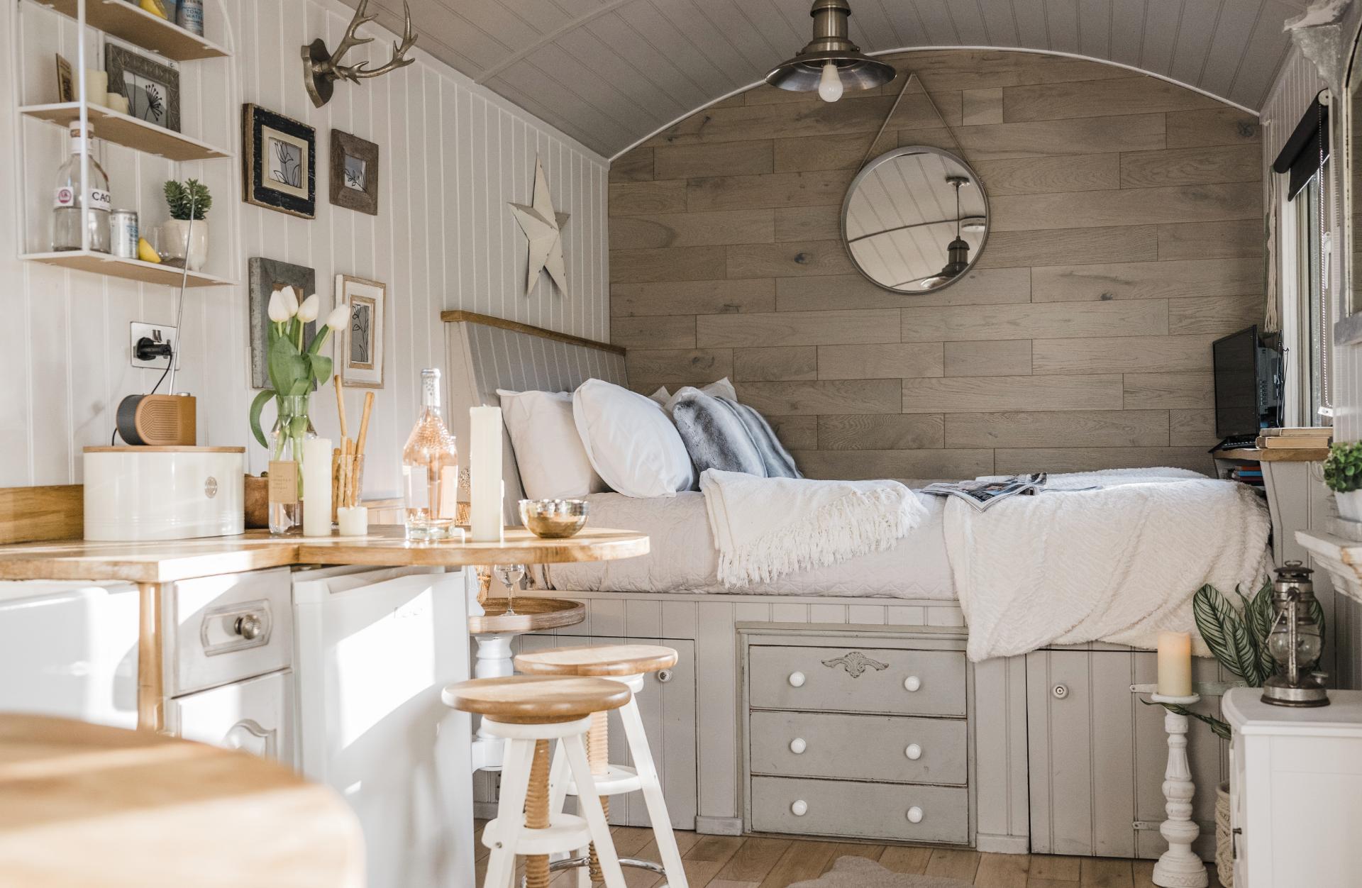 Main Floor Bed with Drawers Underneath - Shepherds Keep at The Shepherds Hut Retreat