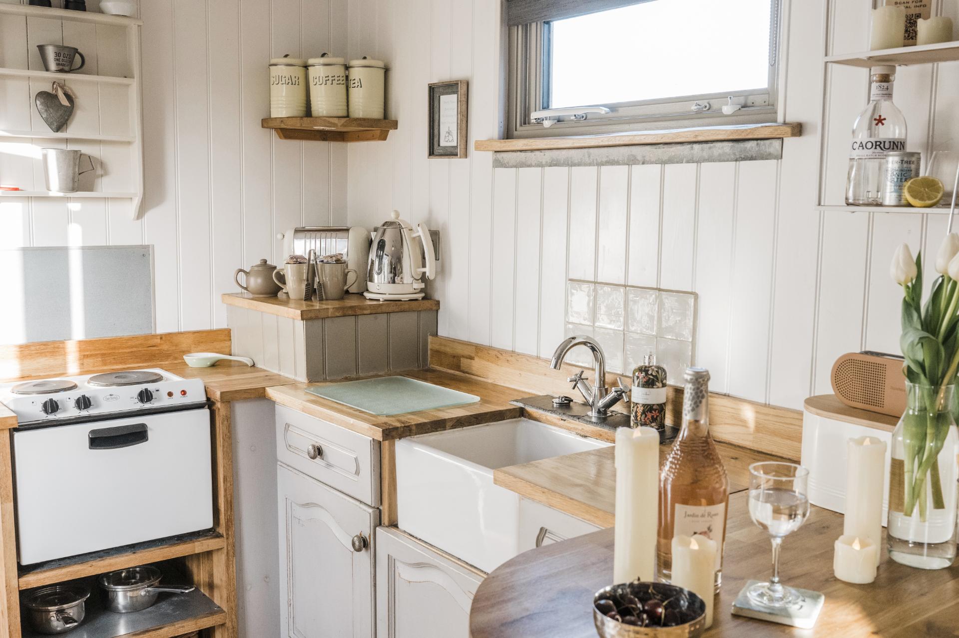 Kitchen with Wood Countertops - Shepherds Keep at The Shepherds Hut Retreat