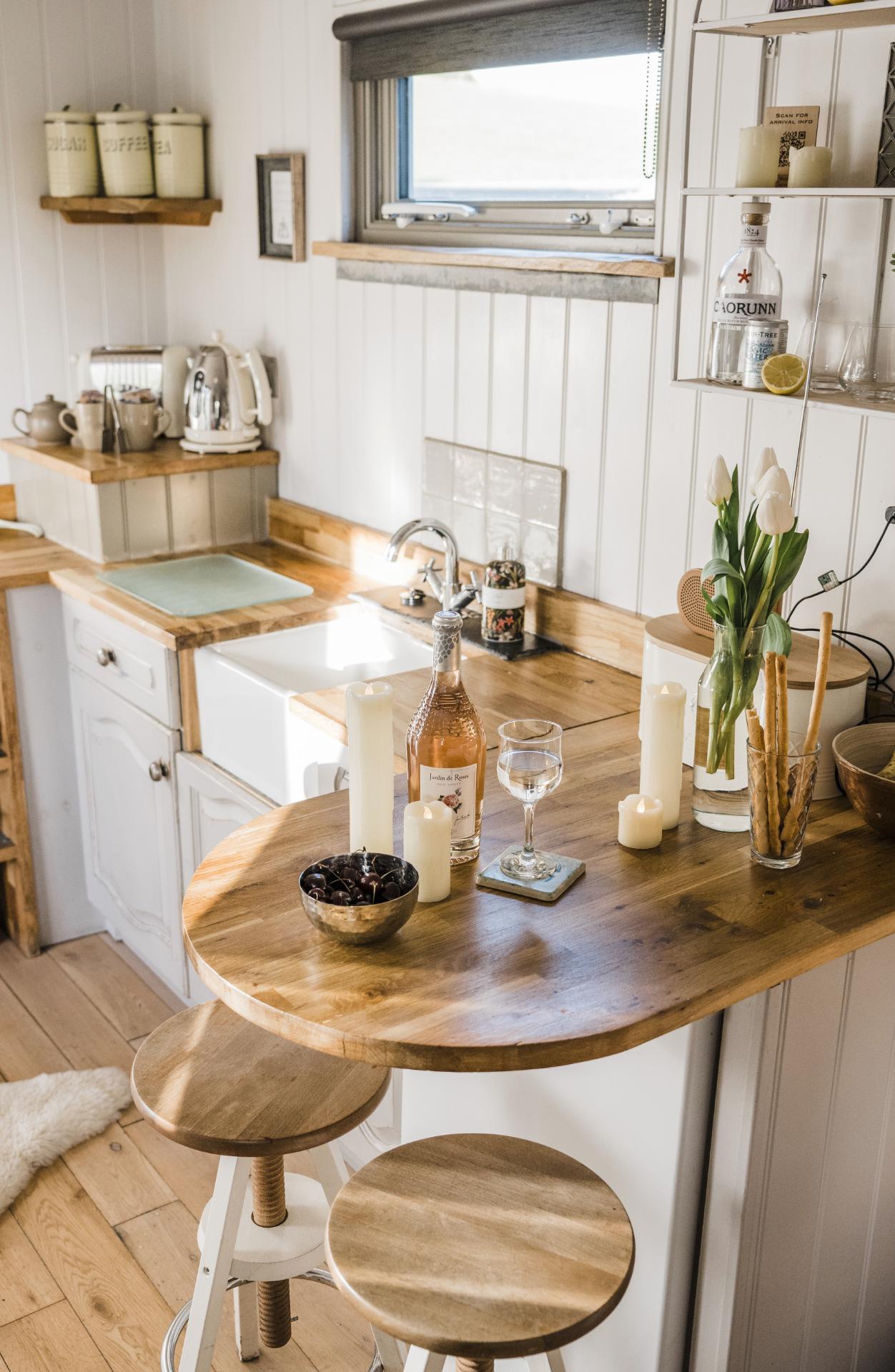 Dining Area with Two Bar Stools - Shepherds Keep at The Shepherds Hut Retreat