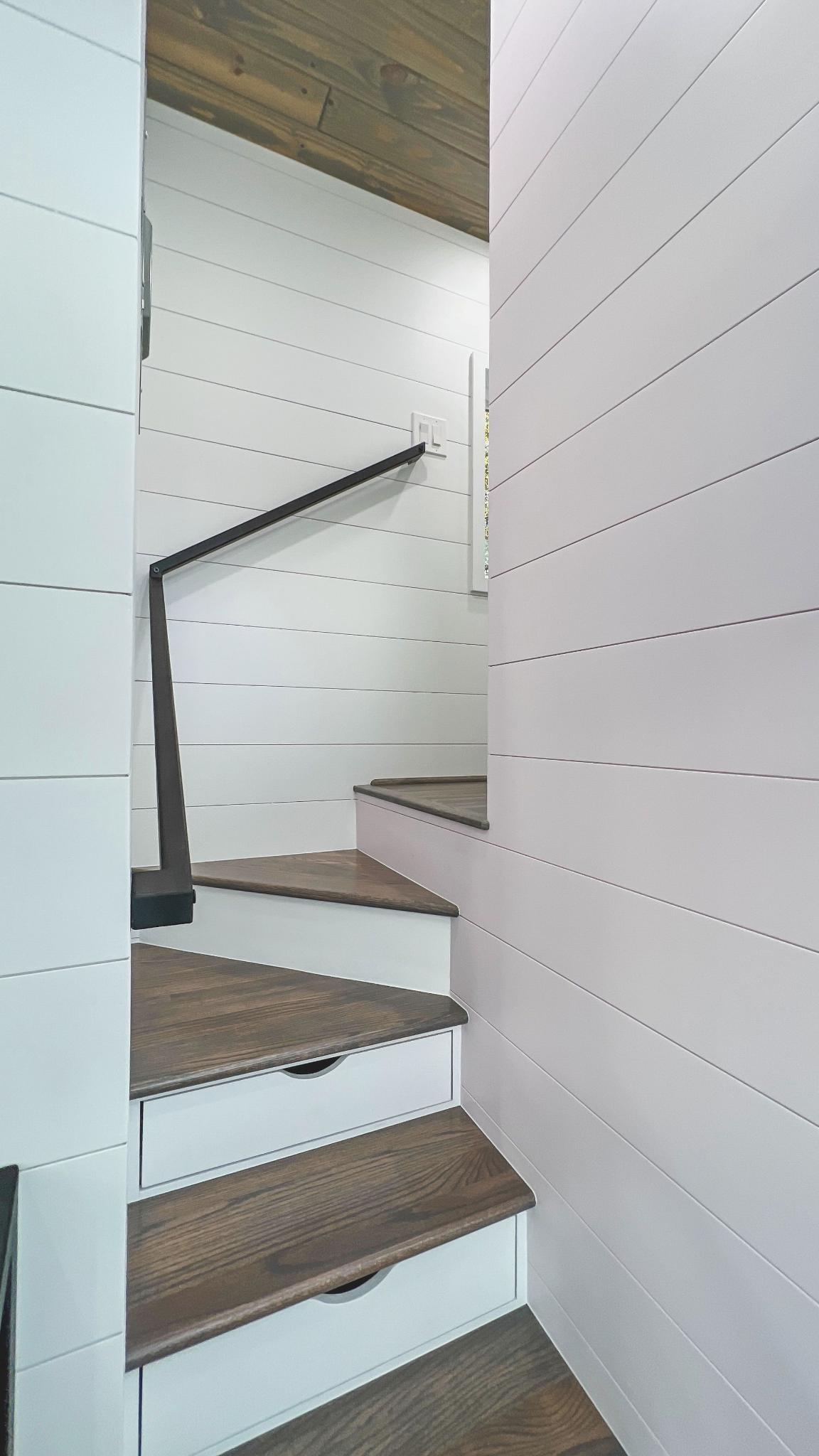 Storage Stairs with Railing - Kupersmit Tiny House by Movable Roots