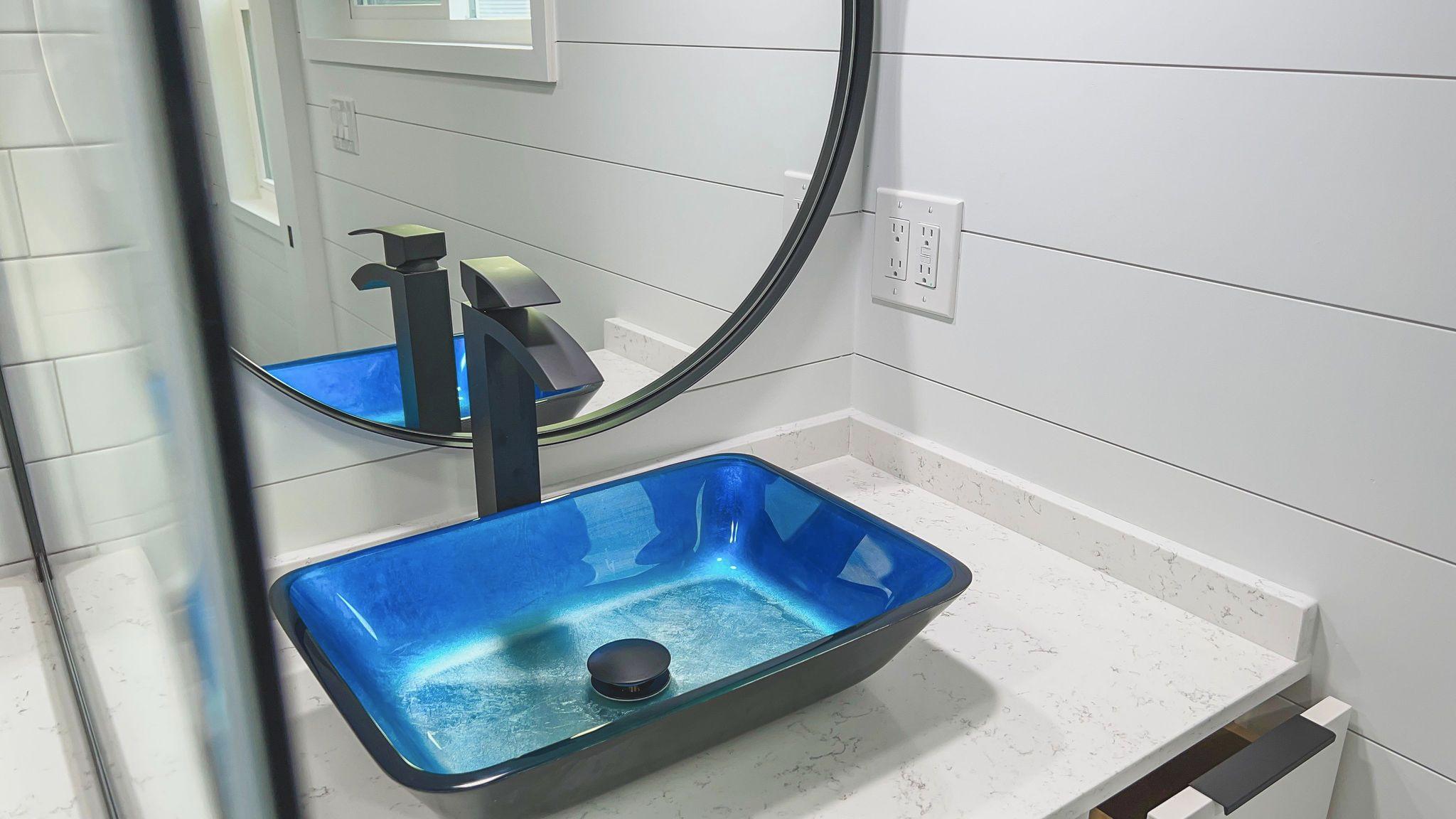 Iridescent Blue Vessel Sink - Kupersmit Tiny House by Movable Roots